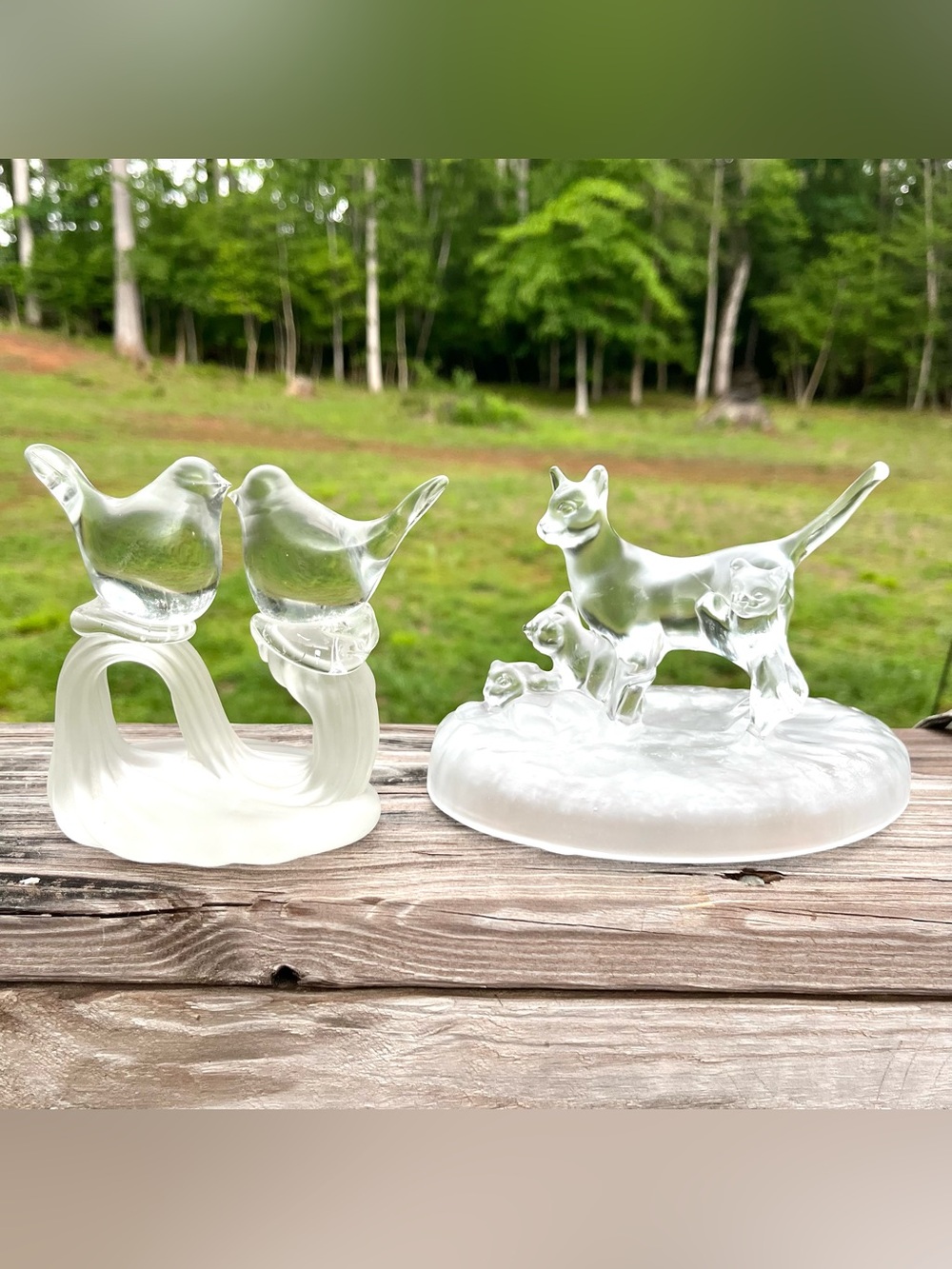 Vintage Frosted Art Glass Bundle Cat Family & Kissing Bird Crystal Figurines
